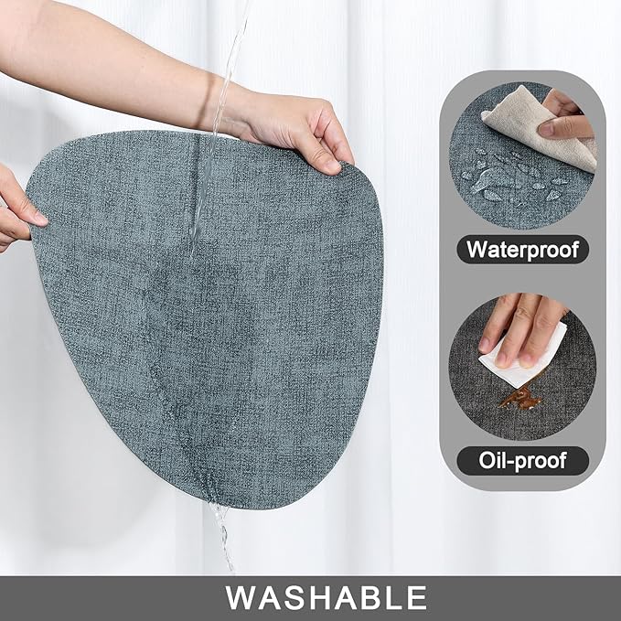 Placemats and Coasters, Washable Reversible Placemats Round Faux Leather Wipeable Place Mats Non Slip Heat Resistant Indoor Outdoor Table Mats (Set of 6, Gray Light Blue)