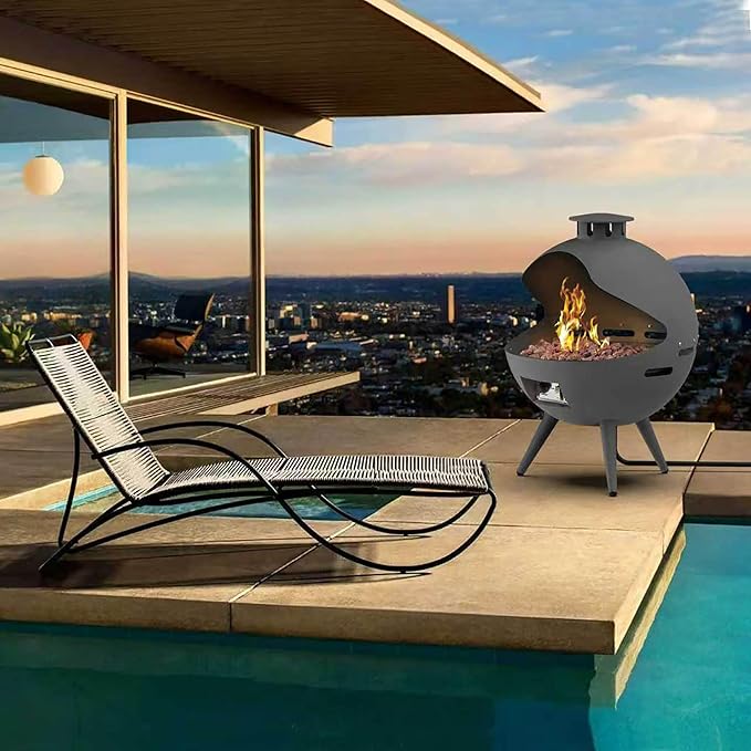 24-Inch Chimenea Propane Fire Pit with Natural Gas Conversion Kit, 55,000 BTU Gas Fire Pit, Hemispherical 3-Legged Firepit with Lava Rocks and Rain Cover, Gray
