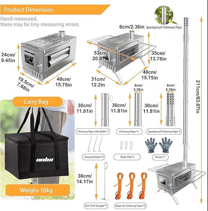 Hot Tent Stove, unho Wood Burning Stove, Portable Wood Stove with 6 Stainless Chimney Pipes for Outdoor Heating & Cooking, Ice Fishing, Hunting,Winter Warmth