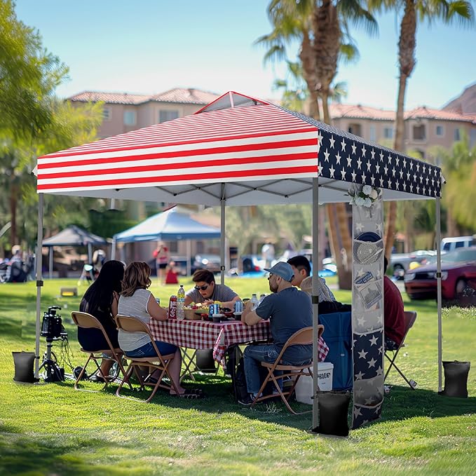 PHI VILLA 10x10 Pop Up Canopy Tent - One Push Setup, Instant Shade Tent with Vented Roof for Beach & Events - Includes Storage Bag, Sandbags, Stakes & Ropes (American Flag)