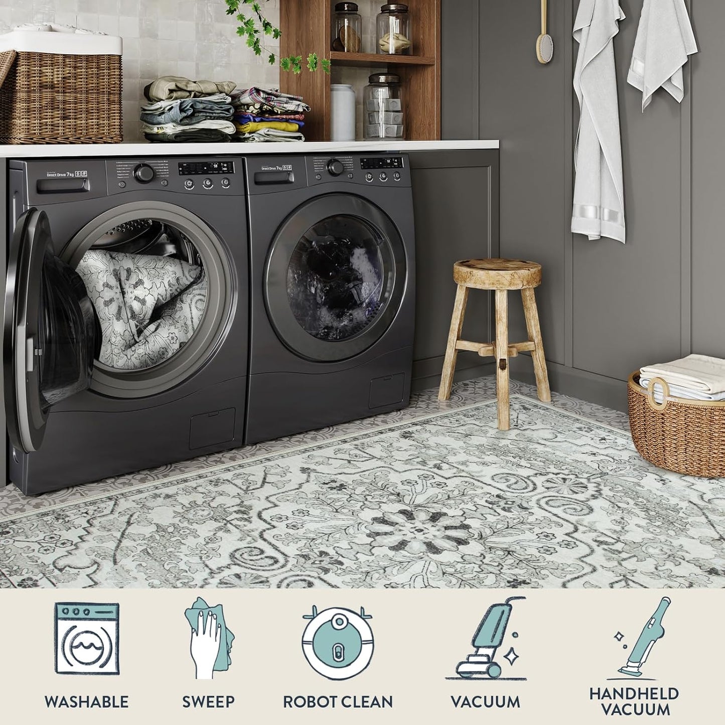 Lahome Washable Runner Rug 2x5, Bohemian Laundry Room Rug Low Pile Bathroom Runner Rugs with Rubber Backing, Printed Non-Slip Throw Carpet Runners for Kitchen Hallway Bedside, Beige