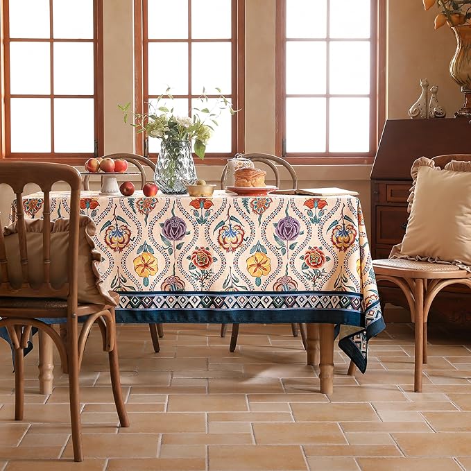 Vintage French Long Rectangular Tablecloth,Linen Tablecloth with Rose and Cornflower Pattern,Decorative Table Cover for Kitchen,Dining,Thanksgiving,Tea Party,63" × 94"-Lanae