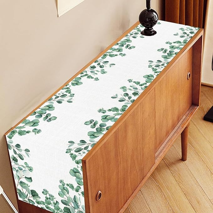 Farmhouse Table Runner, Green Eucalyptus Spring Summer Seasonal Plants Rustic Country Cafe Coffee Table Center Decor for Home Kitchen Dining Patio Indoor Outdoor Table Decorations, 13"x108" Inch