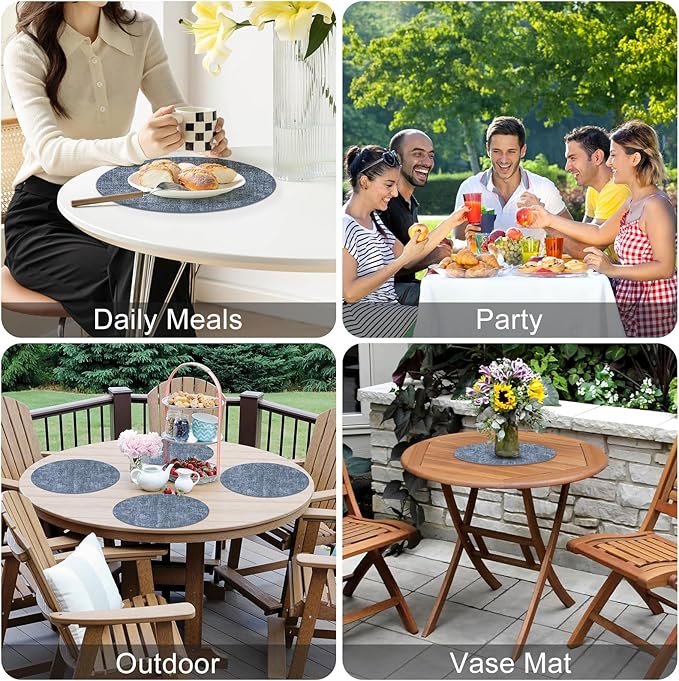 Homaxy Round Faux Leather Placemats and Coasters, Washable Dual-Side Table Mats, Wipeable Heat-Resistant Dining Place Mats for Outdoor and Indoor, Set of 12, Diameter 13 and 3.93 inch, Blue