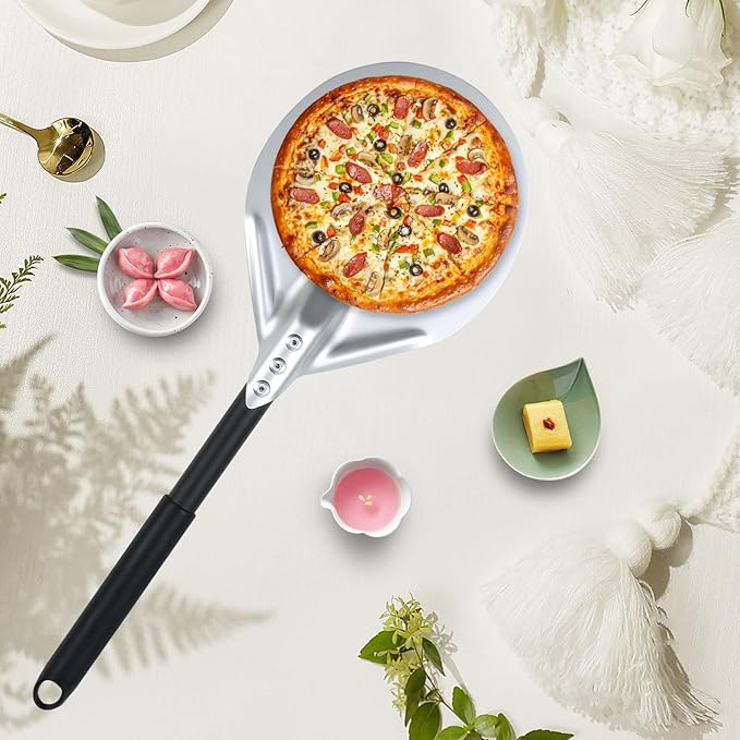 Perforated Pizza Peels 6 INCH pizza spatula paddle Long Handle Metal Pizza Spatula for Indoor and Outdoor (12inch extension)