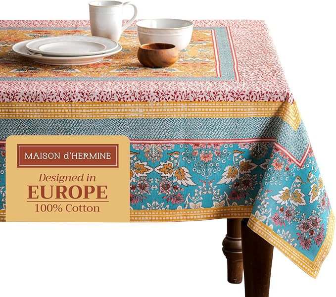 Maison d' Hermine Table Cloth Rectangle Table 100% Cotton 60 x 90 Inches Tablecloth Reusable Decorative Everyday Use for Dining Room, Farmhouse, Home, Party, Festive & Wedding Spring Summer - Marquise