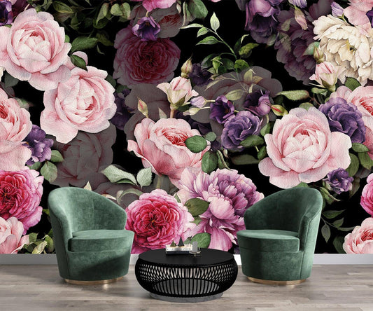 AFZEVEB-Black Watercolor Purple Peony Flower Wallpaper Wall murals for Bedroom 136"x96"(Not Peel and Stick)