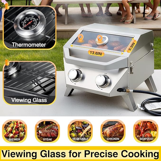 BESTFIRE 2-Burner Tabletop Propane Grill, 20000 BTU Stainless Steel Portable BBQ with Viewing Glass Lid, Built-in Thermometer & Push-Button Ignition for Patio, Camping, RV & Tailgating