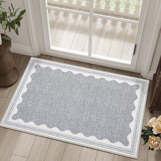 Scalloped Rug 2x3 Rugs for Entryway, Solid Grey Rug Small Area Rugs Non Slip Scalloped Bath Mat, Washable Front Door Mat Indoor Entrance,Soft Girls Nursery Dorm Carpet for Bedroom Kitchen
