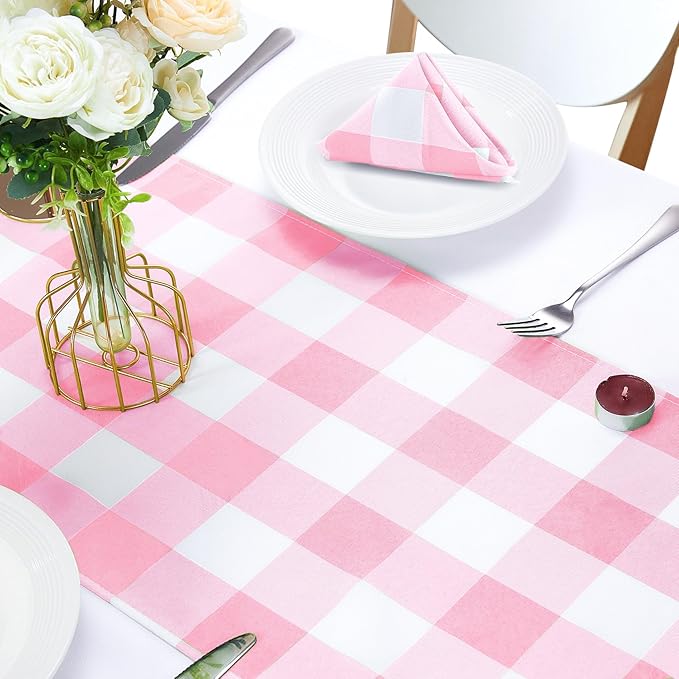 Fabric Checkered Table Runner 6 Pack Waterproof Gingham Table Runner 14W x 108L Buffalo Check Table Runners for Parties Kitchen Dining Wedding Banquet (Pink and White)