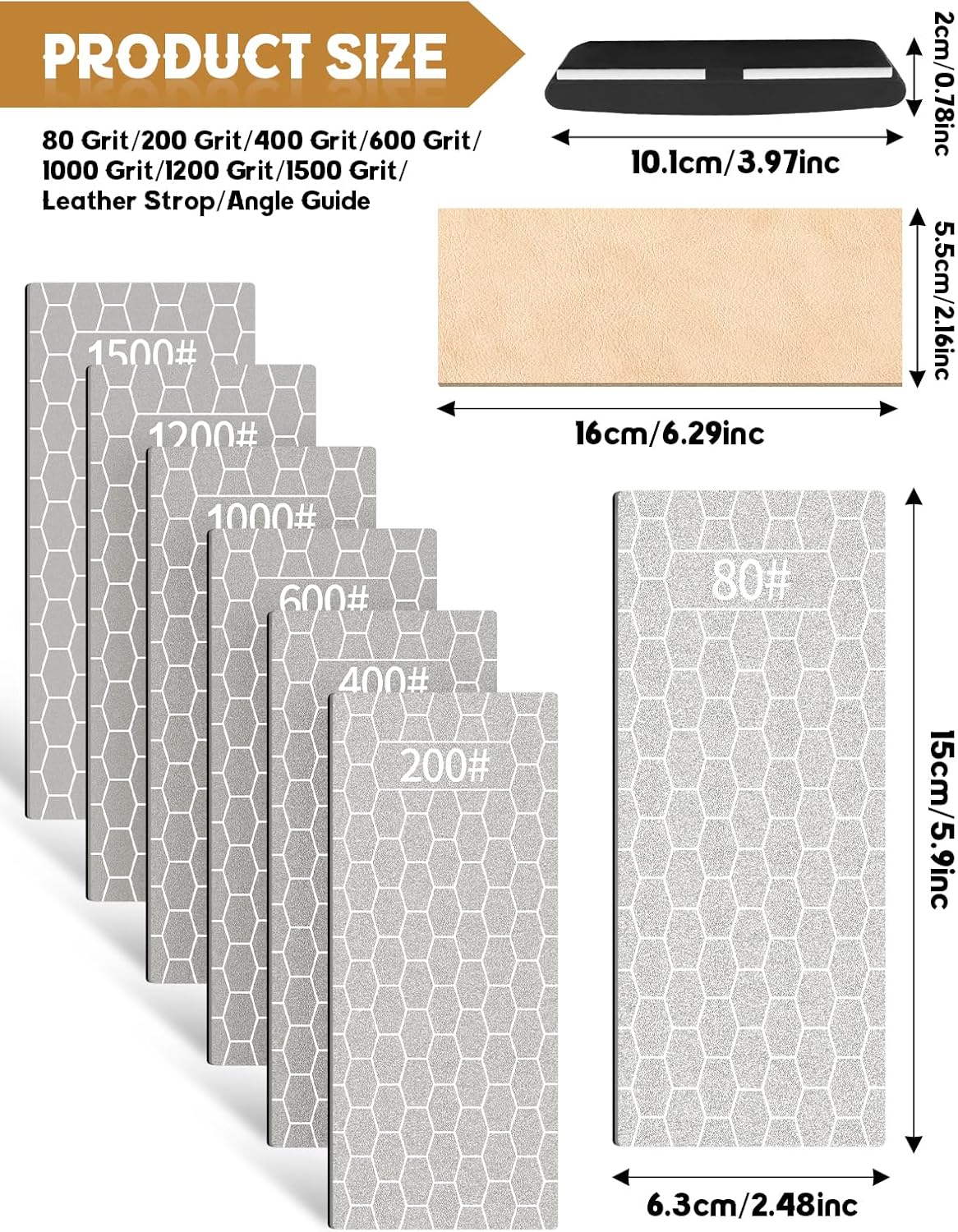 9PCS Diamond Sharpening Stones, Kalolary Knife Sharpener Stone Grit Diamond Sharpener Plate with Angle Guide Leather Strop Non-slip Base for Kitchen Outdoor Knife (80/200/400/600/1000/1200/1500 Grit)