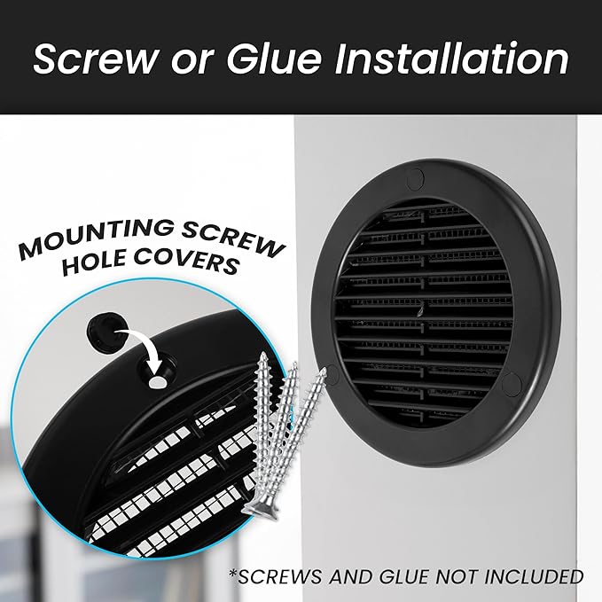 Repa Market 4 Inch (Opening) Black Round Air Vent Cover - Pack of 10 Plastic Fresh Air Intake Vent - Grill Cover with Nylon Mesh Screen - Wall or Ceiling HVAC Return Air Register - Modern Soffit Vents