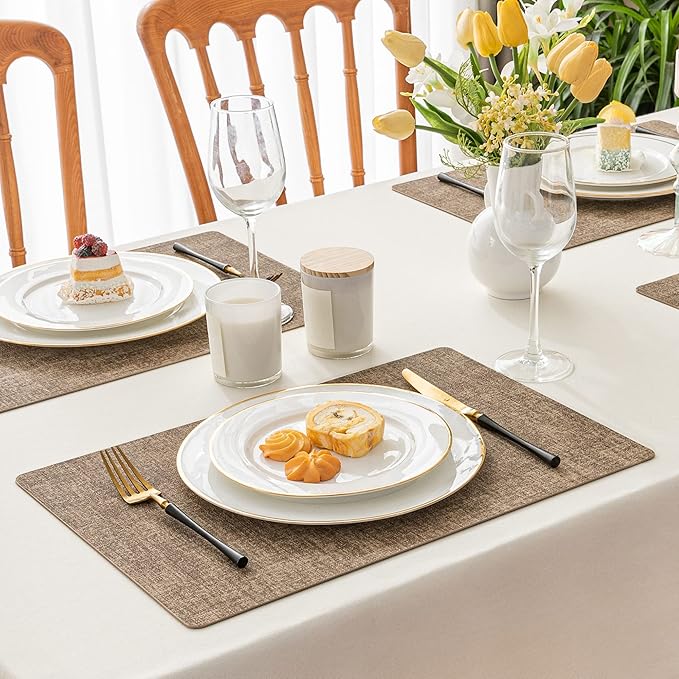 Romanstile Vinyl Placemats Set of 6-12 X 17 Inch - Heat Resistant Place Mats 100% Waterproof Oilproof Wipeable Reversible Faux Leather Table Mats for Kitchen, Dining, Party, Outdoor, Coffee