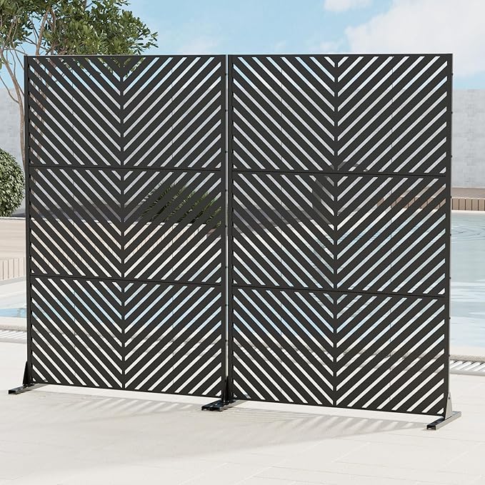 Casaphoria Metal Privacy Screen 72" H x 45" W, 2 Pack Outdoor Freestanding Decorative Divider for Patio & Garden with Stable Base, Black-Parallel