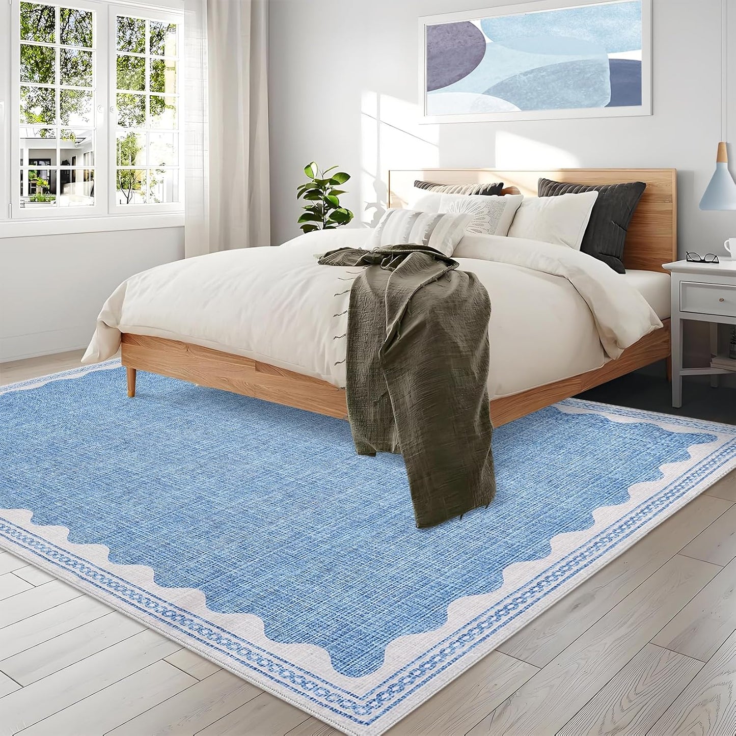 Scalloped Washable Rug 9x12 Area Rugs for Living Room, Solid Blue Rug for Bedroom Girls, Non Slip Throw Mat with Rubber Back, Soft Dorm Nursery 9x12 Carpet for Dining Room