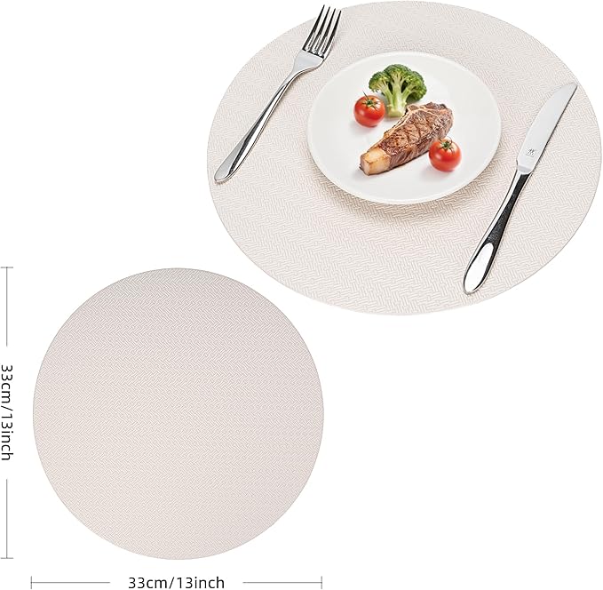 Round Faux Leather Placemats Set of 6 – 13 Inch Vinyl Mats, Heat Resistant, Non Slip, Wipeable & Washable, Easy to Clean Dining Table Decor for Kitchen & Holiday Gatherings（Ivory White）