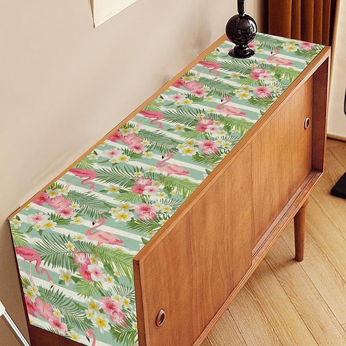 Tropical Flamingo Table Runner,Green White Stripes Palm Leaves Floral Hawaii Seasonal Holiday Celebration Kitchen Dining Table Decoration for Home Party Decor, 13"x90"