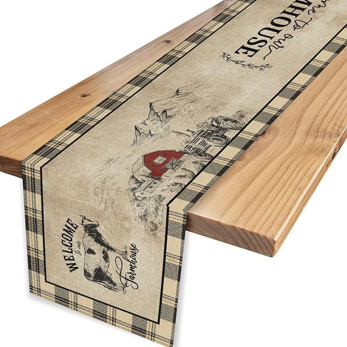 Farmhouse Table Runner, Rustic Country Barn Cottage Rooster Cow Check Animal Coffee Table Center Decor for Home Kitchen Dining Patio Holiday Party Indoor Outdoor Table Decorations 13"x108"