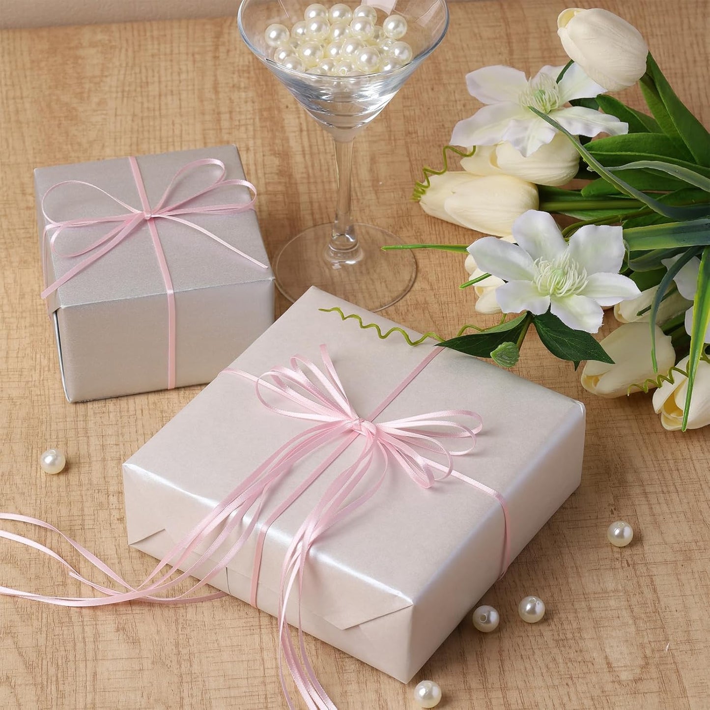 LaRibbons Light Pink Satin Ribbon 1/8 Inch 100 Yards Thin Luxury Double Faced Pink Silk Ribbon for Gift Wrapping Flower Bouquet Crafts Wedding BabyShower Decoration