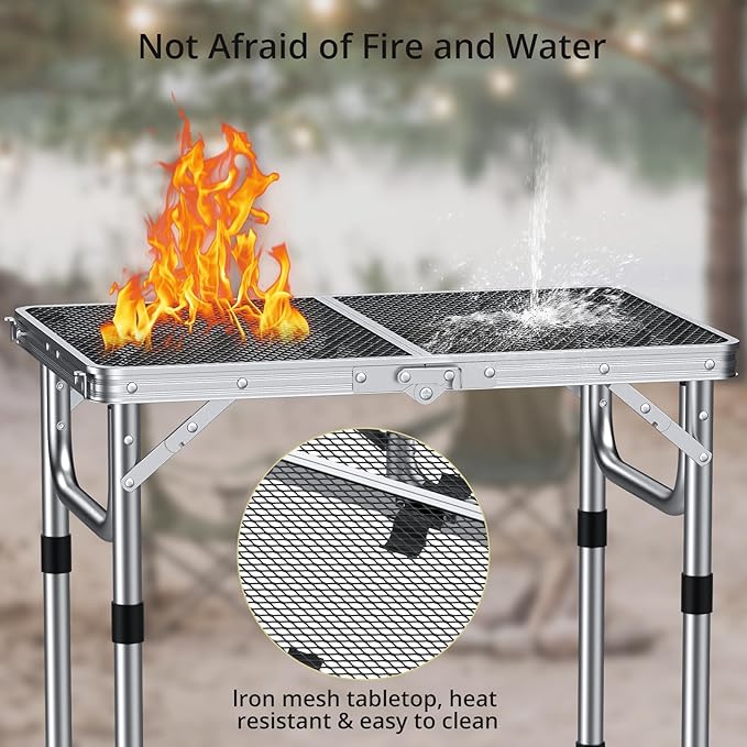 Anbte 2ft Folding Grill Table, Adjustable Height Max 27.5" Aluminum Camping Table, Heat-Resistant Tabletop, Lightweight, Portable Handle for Travel Cooking BBQ Picnic, 22.8" x 16", Silver