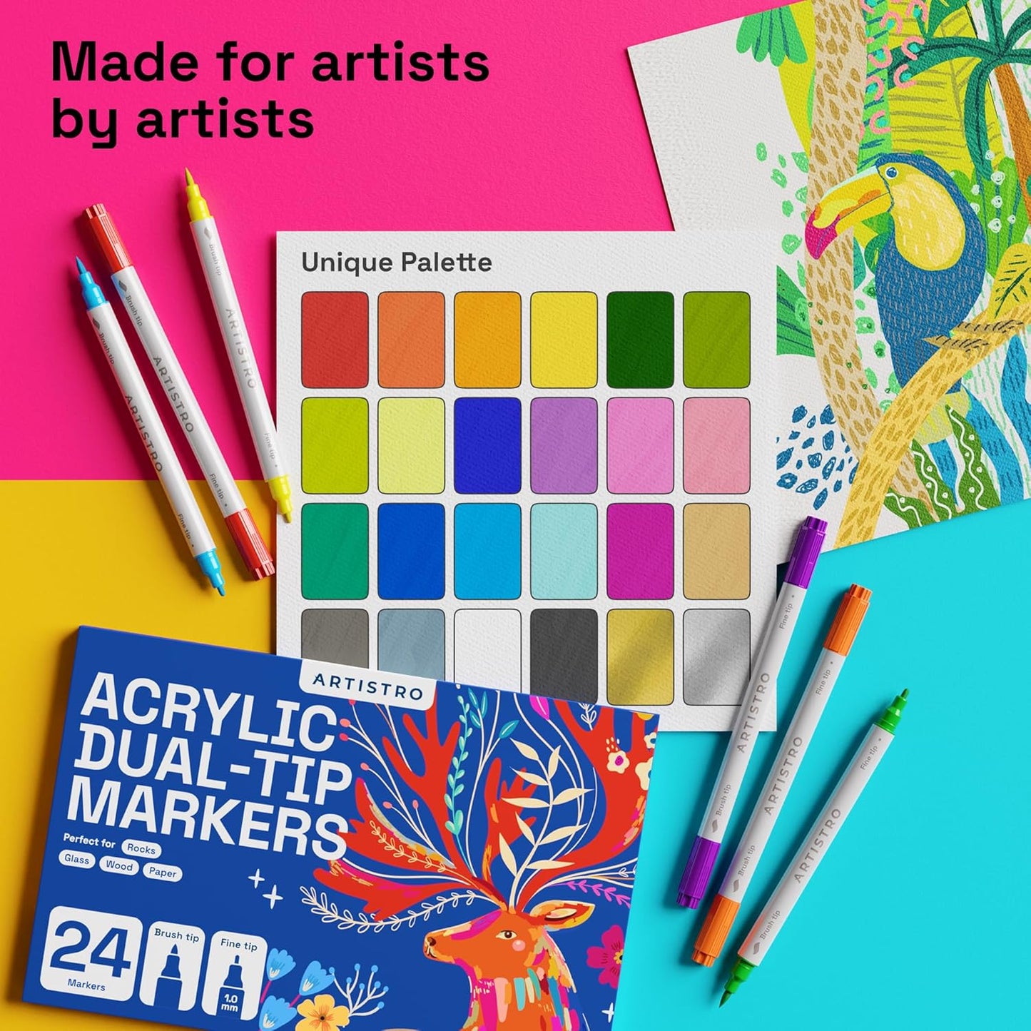 ARTISTRO 36 Dual Tip Brush + Fine Acrylic Paint Markers - Easy for All Ages & Levels Paint Pens for Fabric, Rock, Glass, DIY - Halloween Pumpkin Painting Kit, Art Supplies, Christmas Gift