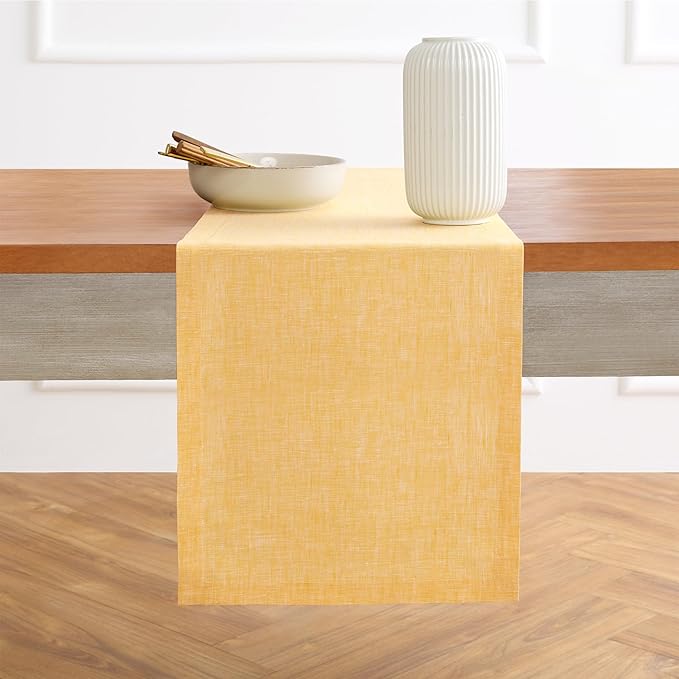 Solino Home Linen Table Runner 108 Inches Long - Athena, 100% Pure Linen Chambray Mustard Yellow Table Runner 14 x 108 Inch for Dining, Spring, Easter