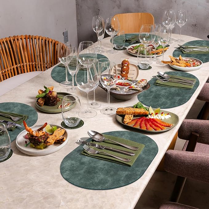ADRIMER Placemats, Heat Resistant Oval Placemats Set of 12 Washable 12 x 17 Inch, Waterproof Table Mats, Wipeable Pu Place Mats for Kitchen, Dining Room, Blue & Green