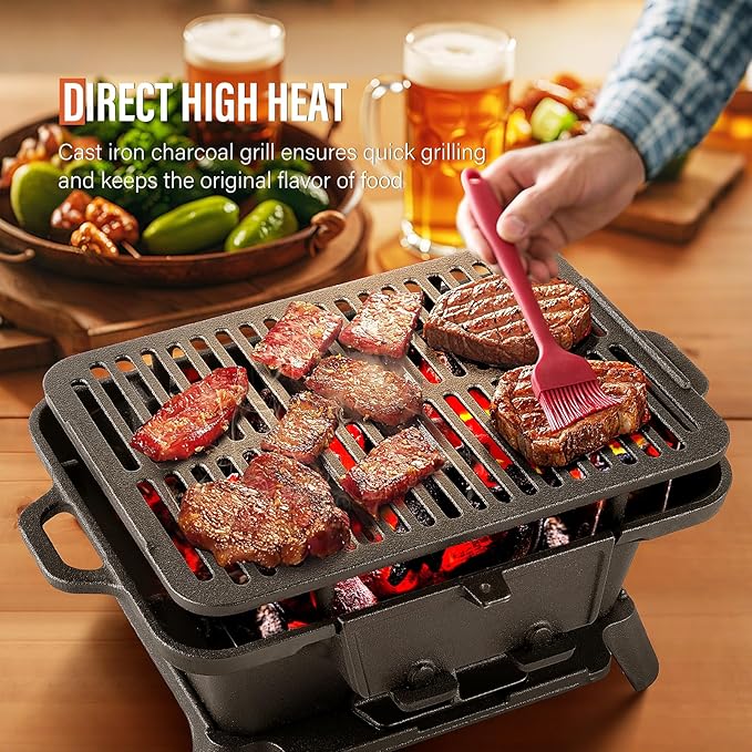 Hibachi Grill Outdoor, Portable Mini Charcoal Grill, Pre-Seasoned Cast Iron, Small Japanese Yakitori Tabletop Skillet Grill Stove for Outdoor Camping