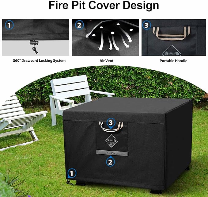 QH.HOME Fire Pit Cover Square, 28 inch Firepit Covers,Heavy Duty Fabric 100% Waterproof, Fits Outdoor for 25inch,27 inch,28 inch Square, Fireplace Cover,Gas Fire Pit Cover (28”L x 28”W x 24”H,Black)