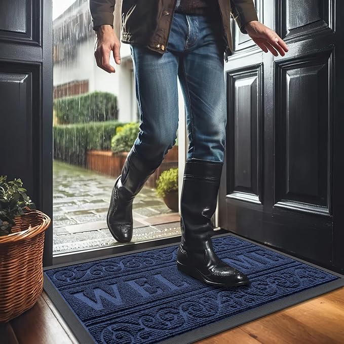 OLANLY Welcome Door Mat Indoor Outdoor Entrance, Heavy Duty Sturdy Front Door Mat, Waterproof All-Weather Doormat, Stain Resistant, Low Profile, Easy Clean Patio Entryway Mat, 47 x 32, Navy Blue