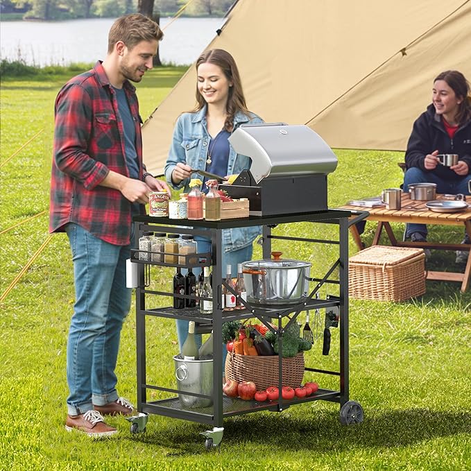 Ciokea Folding Outdoor Grill Cart with Wheels, Foldable Outdoor Grill Table with 27"x18" INCH Top, 3-Shelf Prep Table, Pizza Oven Stand, Metal Portable Kitchen Cart for BBQ Patio Camping (All Black)