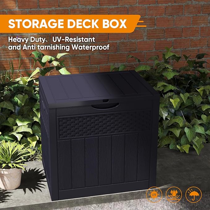 ZYJOYY 33 Gallon Resin Deck Box, Weatherproof Outdoor Storage Box for Patio, Garden, Pool, and Yard, Lockable Waterproof Bin for Tools, Cushions, and Accessories, Black