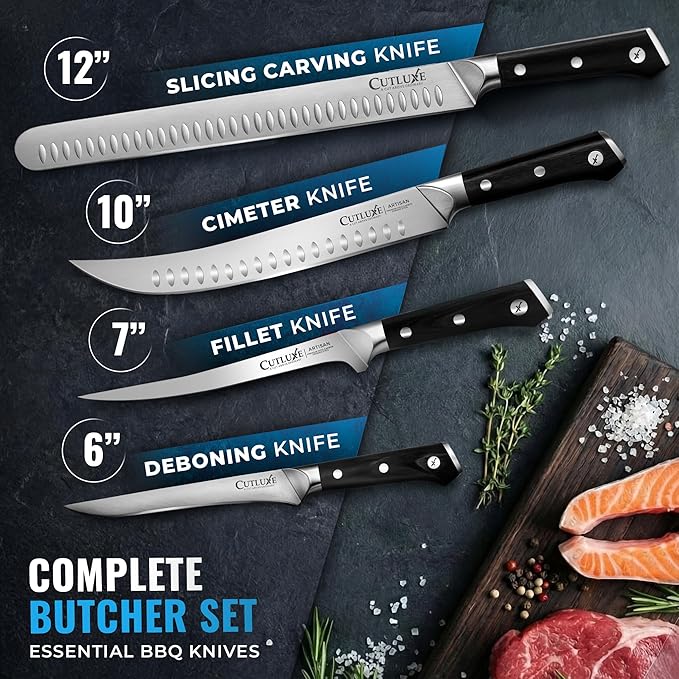 Cutluxe Butcher Knife Set – BBQ Brisket, Breaking, Boning & Fillet knives - Carving Knife Set for Meat Cutting, Ultra Sharp German Steel, Full Tang, Ergonomic Handles – Artisan Series