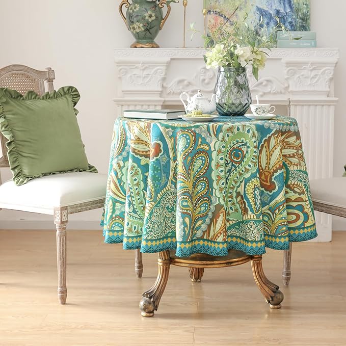 Linen 55 Inch Round Tablecloth,Wrinkle Resistant French Green Tablecloth Print with Froal,Decor Stitch Table Cloth for Thanksgiving,Dining Room,Home,Kitchen Diameter 55"-Milen
