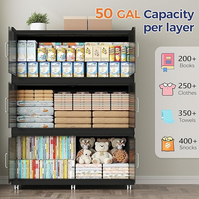 150GAL Extra Large Storage Bins with Lid, 600QT Collapsible Organizer with Wheels, Stackable Closet Cabinet with Doors, Folding Storage Containers for Home, Office, Kitchen, 3Pack Black