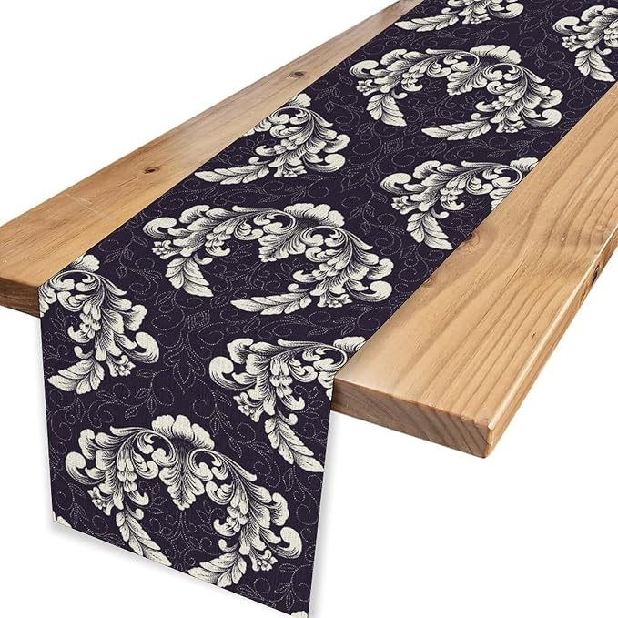 Gothic Table Runner, Antique Retro Damask Floral Bohemian Boho Purple Rustic Vintage Coffee Table Center Decor for Kitchen and Dining Outdoor Home Country Party Table Decorations, 13"x108"