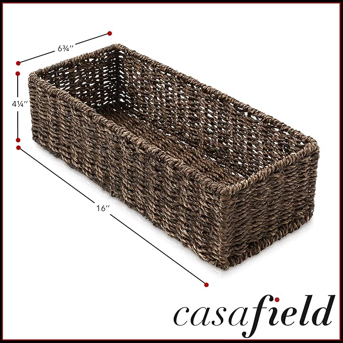 Casafield Set of 2 Bathroom Storage Baskets, Espresso - Seagrass, 16" W x 6.75" D x 4.25" H, Woven Toilet Tank Topper Bins for Organizing Tissues, Toilet Paper, Toiletries, Shelves