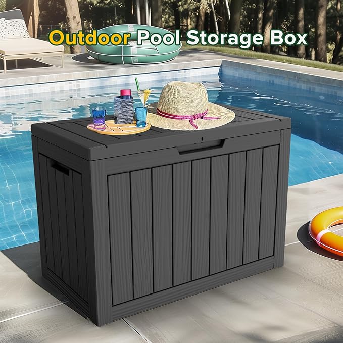 45 Gallon Resin Deck Box, Waterproof Outdoor Storage Box for Patio, Poolside, and Garden, Lockable UV-Resistant Storage Bin Bench Cabinet for Small Spaces, Black