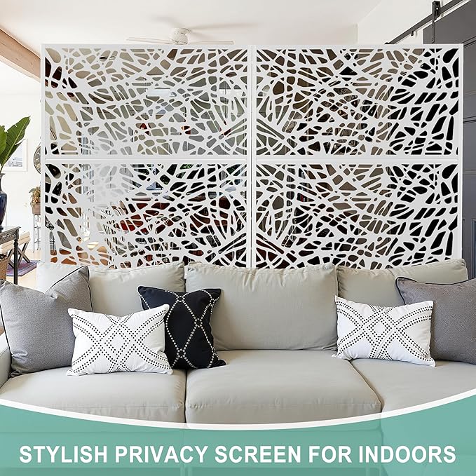 Metal Privacy Screen for Outdoor & Indoor Use, Free Standing Privacy Screen for Patio Garden Pool, 72" H x 47" W Decoative Privacy Panels, Weather Resistant, Easy Assembly (White Net)