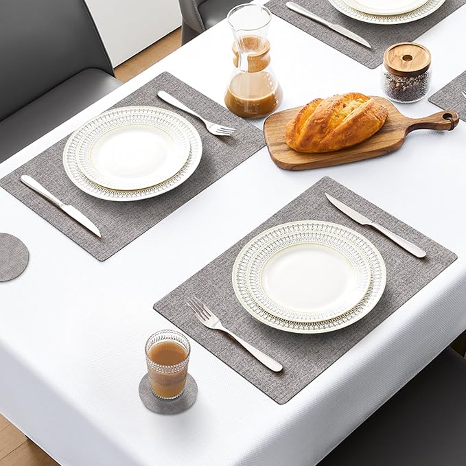 MOSAYT Faux Leather Placemats Set of 6, Heat Resistant Wipeable Washable Vinyl Place Mats with Coasters, Waterproof Oil Proof Table Mats for Kitchen Dining Party Outdoor, 12" x 17", Light Grey