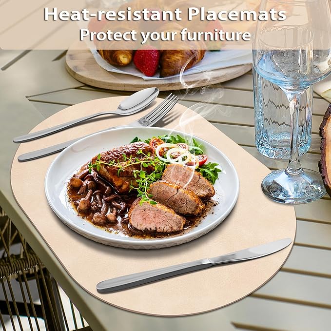 ADRIMER Placemats, Heat Resistant Oval Placemats Set of 8 Washable 12 x 17 Inch, Waterproof Table Mats, Wipeable Pu Place Mats for Kitchen, Dining Room, Beige