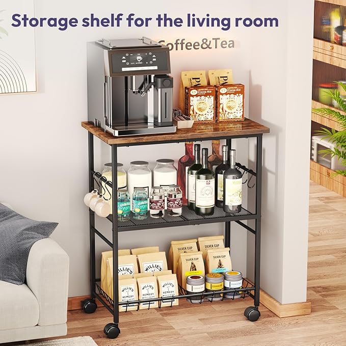 SWTYMIKI Rolling Kitchen Microwave Cart - 3 Tier Microwave Table Stand with Storage Basket and Hooks, Kitchen Utility Cart on Wheels, Coffee Cart Shelf Rack Organizer for Living Room Office, Balcony