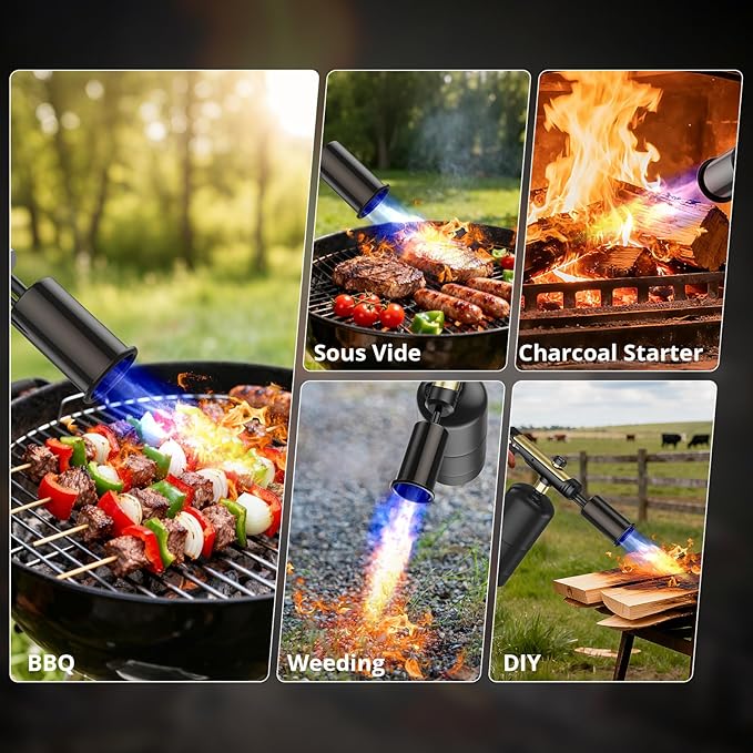 Powerful Cooking Propane Torch, Sous Vide, Adjustable Kitchen Torch with One-Touch Max Fire, Culinary Torch for Searing Steak, BBQ and Campfire Starter, Gold & Black(Tank Not Included)
