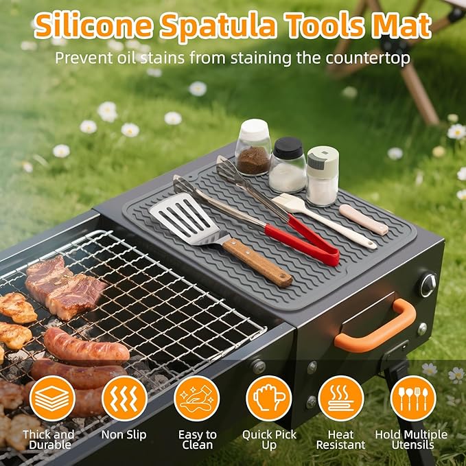 Grill Accessories, 16x12 Inch Silicone Heat Resistant Mat, BBQ Tool Rest Pad for Blackstone Griddle Side Shelf, Weber, Traeger, Outdoor Kitchen Countertop Protector (Grey)