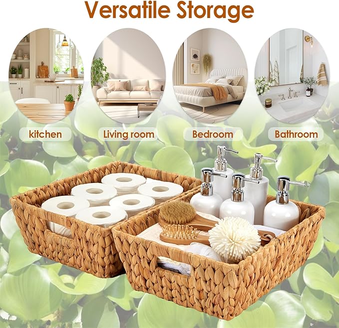 Wicker Baskets 2 Pack, Water Hyacinth Wicker Storage Basket with Handles for Organizing, Handmade Large Baskets, Natural