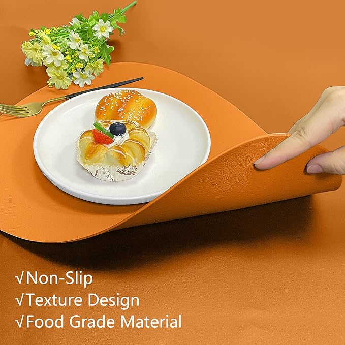 Herda Table Mats for Round Fall Placemats Set of 4 Outdoor Indoor Place Mats Leather Wipeable Washable Placemats for Kitchen Dining Patio Table Heat Resist Easy to Clean Orange Placemats