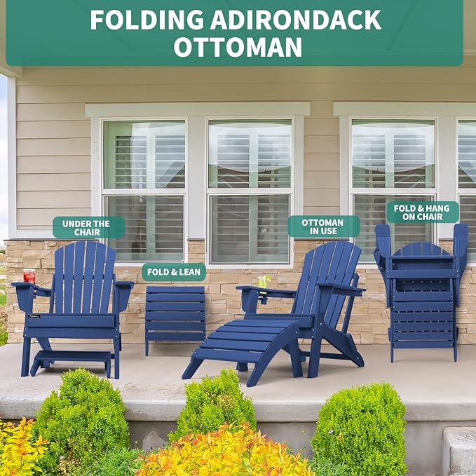 FUNBERRY Folding Adirondack Ottoman Set of 2, HDPE All Weather Outdoor Foot Rest, Easy Storage Patio Footstool, Ottomans and Footstools for Outside