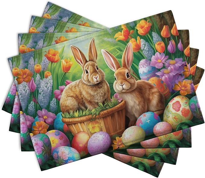 Easter Rabbits Eggs Placemats Set of 4 Easter Bunny Tulip Flowers Table Place Mats Seasonal Farmhouse Spring Holiday Table Mat for Party Kitchen Dining Outdoor Indoor Decor
