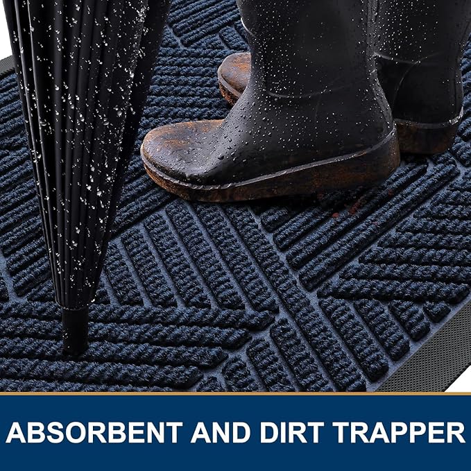Smiry Front Door Mat Outside Entrance, Heavy Duty Sturdy Natural Rubber Doormat, Trap Dirt and Moisture, Easy Clean Low Profile Mats for Indoor Outdoor Entry, Irregular Triangle (71x24, Navy Blue)