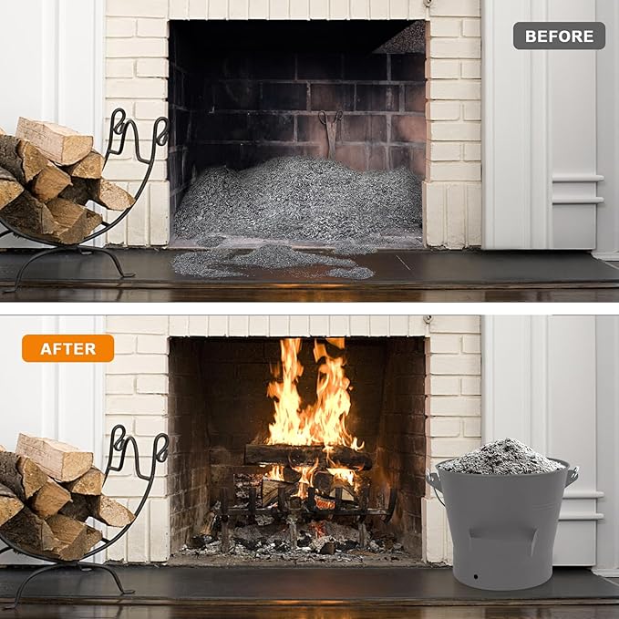 BRIAN & DANY Ash Bucket with Lid, 2.6 Gallon Fireplace Ash Bucket with Shovel and Hand Broom, Metal Bucket for Fireplace, Fire Pit, Wood Burning Stove, Gray